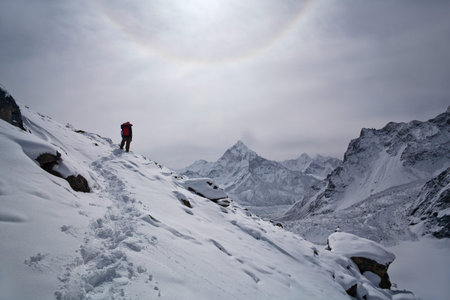 Tourist with backpack on the road to Everest Base Camp - mountain landscape in Sagarmatha National...