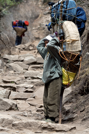 Porters carry heavy load in the Himalaya, Nepal on March 06, 2010 in Sagarmatha National Park, Nepalのeditorial素材