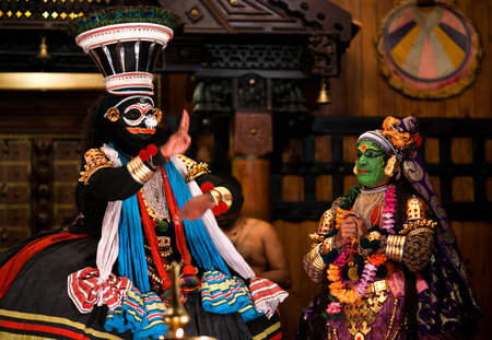 FORT COCHIN, INDIA - FEBRUARY 14, 2010: Actors performing traditional Indian dance-drama Kathakali...