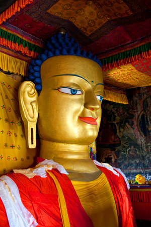 Ancient sculpture of Gautama Buddha in Shey Gompa in Leh, Ladakh, Jammu and Kashmir, India. The main Shakyamuni Buddha statue in the monastery is a 12 metres (39 ft) icon covering three floors of the monastery.のeditorial素材