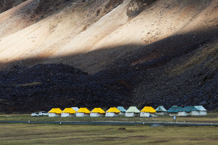 Sarchu camping tents at the Leh - Manali Highway. Leh - Manali Road is a highway in northern India connecting Leh in Ladakh in Jammu and Kashmir state and Manali in Himachal Pradesh state.の写真素材