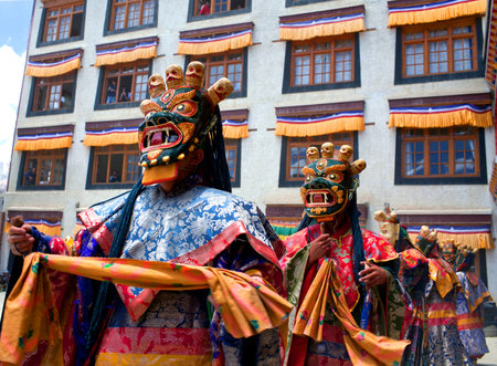 Buddhist monks dancing Cham mystery during Yuru Kabgyat festival at Lamayuru Gompa on June 17, 2012 in Lamayuru, Ladakh, Jammu and Kashmir, North Indiaのeditorial素材