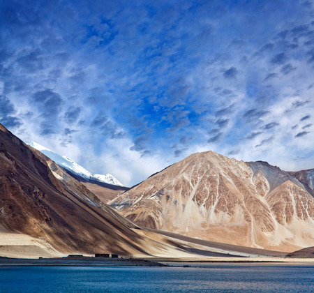 Pangong Lake in Ladakh, Jammu and Kashmir, India. Pangong Tso is an endorheic lake in the Indian Himalayas situated at a height of about 4,350 m.の写真素材