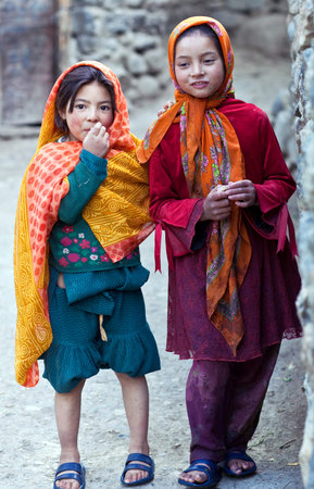 Balti girls walking on the road on June13, 2012 in Turtuk Village, Ladakh, Indiaのeditorial素材