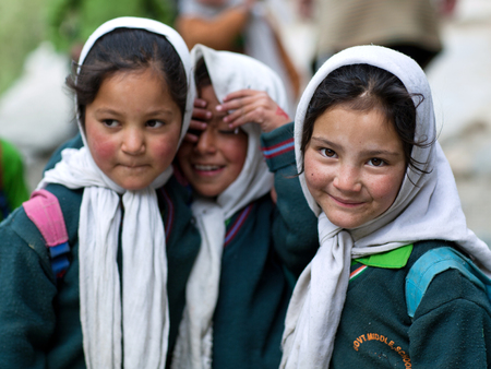 Balti students poses for a photo during their break time on June13, 2012 in Turtuk Village, Ladakh, Indiaのeditorial素材