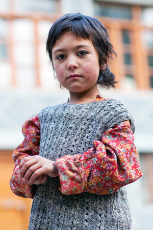 Balti shoolgirl poses for a photo on June 13, 2012 in Turtuk Village, Ladakh, India. Turtuk village opened to foreign tourists in 2010.のeditorial素材