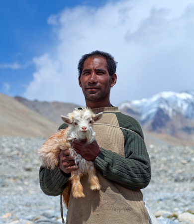 LADAKH, INDIA - JUNE 15: Changpa nomad with angora goat walking on the road to Spangmik village on June 15, 2012 in Ladakh, Jammu and Kashmir State, North Indiaのeditorial素材