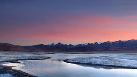 Tso Kar lake at sunset in Ladakh, North Indiaの写真素材