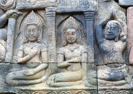 Ancient bas-relief at the Terrace of the Elephants in Angkor Thom, Cambodia.
