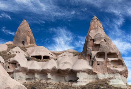 Unique geological formations in Pigeon valley, Cappadocia, Central Anatolia, Turkey. Cappadocian Region with its valley, canyon, hills located between the volcanic mountains Erciyes, Melendiz and Hasan.の写真素材