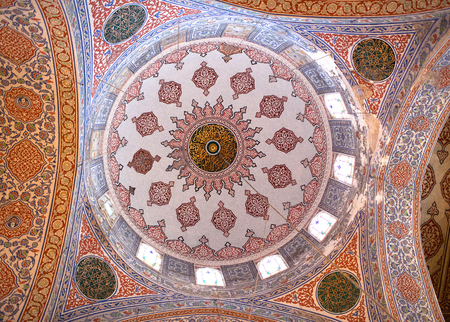 Ceiling detail in the Blue Mosque in Istanbul, Turkey. The Sultan Ahmed Mosque is a historic mosque in Istanbul. The mosque is popularly known as the Blue Mosque for the blue tiles adorning the walls of its interiorのeditorial素材