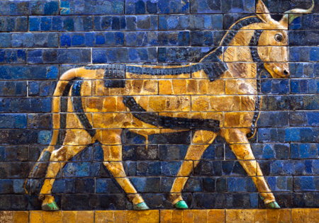 ISTANBUL, TURKEY - OCTOBER 30, 2015: Glazed brick panel with Bull - details of the Babylonian...