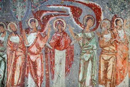 Ancient fresco in the Church of Emperor Nicaphorus Phocas in Cappadocia, Turkey. Cavusin Church is an 1,000-year-old church that is carved into the rock face.のeditorial素材