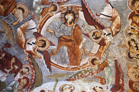 Mural painting in Apple Church (Elmali Kilise) in Cappadocia, Turkey. The frescoes of the Apple Church mostly date from the 11th century.のeditorial素材