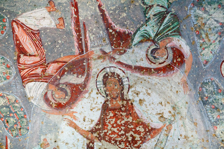 Ancient fresco in the Church of Emperor Nicaphorus Phocas in Cappadocia, Turkey. Cavusin Church is an 1,000-year-old church that is carved into the rock face.のeditorial素材