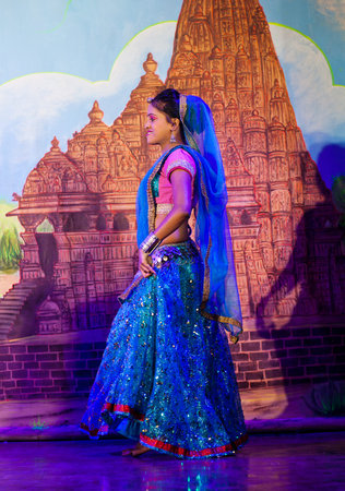 KHAJURAHO, INDIA - JANUARY 5, 2016: Beautiful Indian girls dancing traditional Indian dance in...