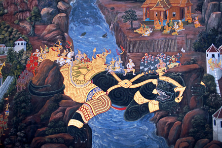 Scene from the Ramakien at Wat Phra Kaew temple in Bangkok, Thailand. The Ramakien is national epic, derived from the Hindu epic Ramayanaの写真素材