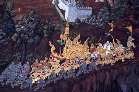 Scene from the Ramakien at Wat Phra Kaew temple in Bangkok, Thailand. The Ramakien is national epic, derived from the Hindu epic Ramayanaの写真素材