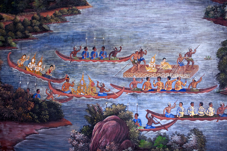 Scene from the Ramakien at Wat Phra Kaew temple in Bangkok, Thailand. The Ramakien is national epic, derived from the Hindu epic Ramayana.の写真素材
