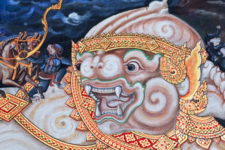Scene from the Ramakien at Wat Phra Kaew temple in Bangkok, Thailand. The Ramakien is national epic, derived from the Hindu epic Ramayana.の写真素材
