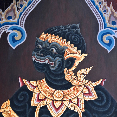 Scene from the Ramakien at Wat Phra Kaew temple in Bangkok, Thailand. The Ramakien is national epic, derived from the Hindu epic Ramayana.の写真素材