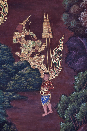 Scene from the Ramakien at Wat Phra Kaew temple in Bangkok, Thailand. The Ramakien is national epic, derived from the Hindu epic Ramayana.の写真素材