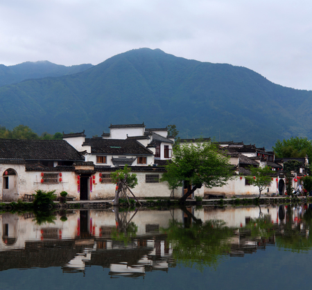 Famous Moon Lake in ancient Hongcun Village, Anhui Province, Chinaのeditorial素材