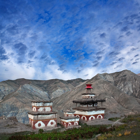 Ancient Bon stupa in Saldang village, Nepal. Saldang lies in Nankhang Valley, the most populous of the sparsely populated valleys making up the culturally Tibetan region of Dolpo.の写真素材