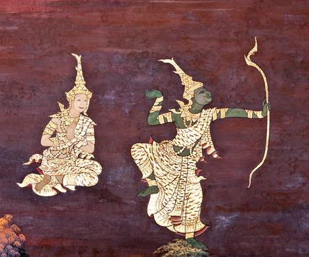 Ancient painted fresco in Wat Phra Kaew in Bangkok, Thailandのeditorial素材