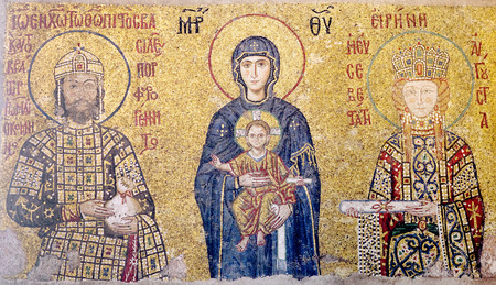 ISTANBUL, TURKEY - OCTOBER 30, 2015: Emperor John II Comnenus, Virgin Mary with Jesus and Empress Irene - Byzantine mosaic in Hagia Sophia Dome. The Comnenus mosaic dates from 1122のeditorial素材