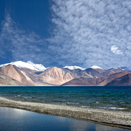 Pangong Lake in Ladakh, North India. Pangong Tso is an endorheic lake in the Himalayas situated at a height of about 4,350 m. It is 134 km long and extends from India to Tibet.の写真素材