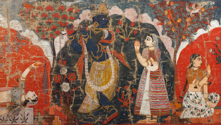 BHAKTAPUR, NEPAL - JANUARY 23, 2017: The Divine play of Lord Krishna - ancient famous Nepalese painting in Royal palace at Durbar Square. Mid-17th century.のeditorial素材