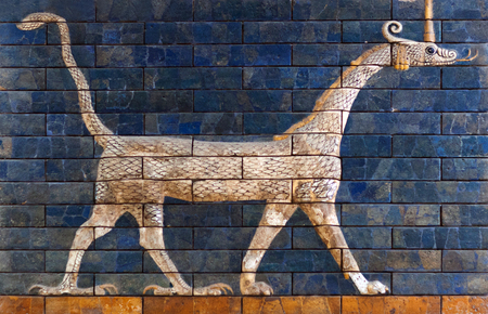 ISTANBUL, TURKEY - JANUARY 12, 2018: Ancient glazed brick panel with Sirrush from the Babylonianのeditorial素材