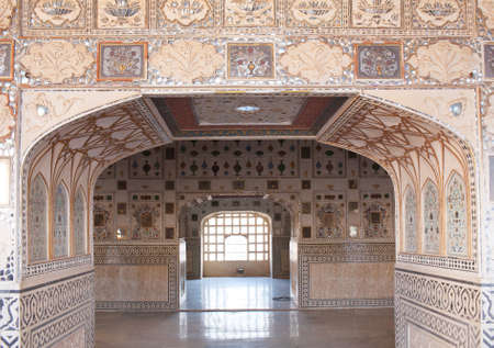 JAIPUR, INDIA - JANUARY 3, 2019: Exterior of Sheesh Mahal palace (Hall of Mirrors), also called Jai Mandir, in Amber Fort, Rajasthan stateのeditorial素材