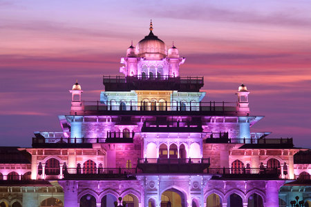 JAIPUR, RAJASTHAN, INDIA - JANUARY 5, 2019: Exterior of famous Albert Hall Palace at sunset. It is a...