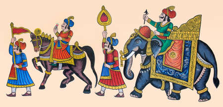 UDAIPUR, INDIA - JANUARY 7, 2019: Wall paintings in Mughal style on the walls of old haveli at Udaipur city palace. Rajasthan is a home to thousands exquisitely painted havelis or mansions.のeditorial素材