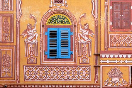 JAIPUR, INDIA - JANUARY 3, 2019: Colourful ancient wall painting at Sri Madhavbihari Tanwarjis...