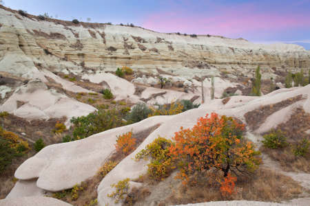 Panorama of unique geological formations in White valley at sunset in Cappadocia, Central Anatolia, Turkey.の写真素材