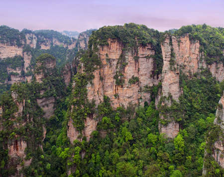 Panoramic aerial mountain view in Zhangjiajie National Forest Park at Wulingyuan Scenic Area, Hunan province of China.の写真素材