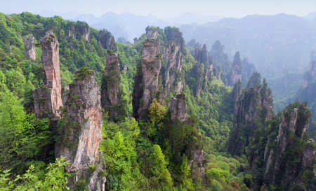 Panoramic aerial Tianzi Mountain view in Zhangjiajie National Forest Park at Wulingyuan Scenic Area, Hunan province of China.の写真素材