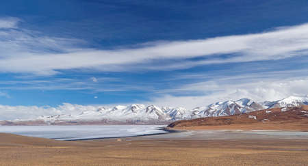 Panorama of Manasarovar lake at sunset in Western Tibet, Chinaの写真素材