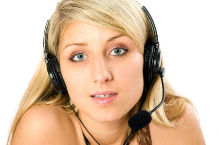 Smiling business woman with microphone. Over whiteの写真素材