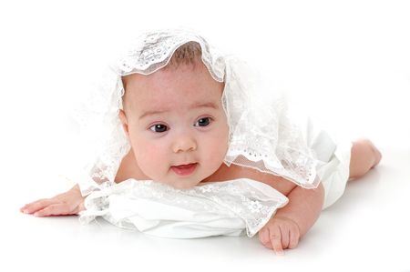 Close-up portrait. Little baby isolated on white backgroundの写真素材