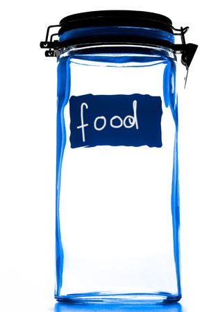 Inscription "Food" on transparent glass jar. Isolated over whiteの写真素材