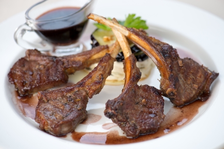mutton steak on white plateの写真素材
