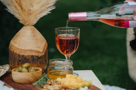 Rose wine, pouring from the bottle into the glass until it's full. The glass is standing next to a...