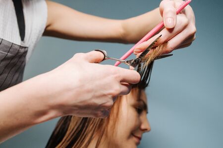 Female hairdresser hands trimming client's hair over blue background. She's cutting in a small strands, few centimeters at a time. Close up. Cropped, customer's head and barber's hands.の写真素材