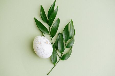 Top view of Easter egg, decoration with gold particles and leaf, on a pastel green backgroundの写真素材
