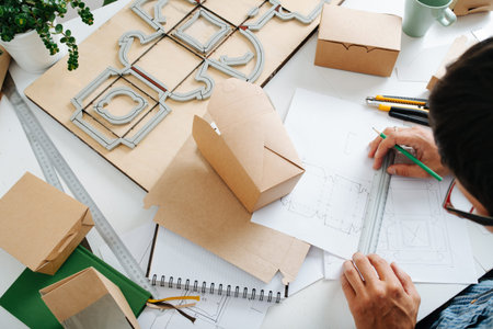 Top view of workplace packaging designer. A man work on the table with drawings, rulers and pencils,...