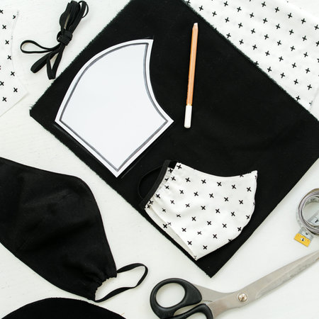 square framing of the image, top view of pieces of fabric, scissors and templet to make a protective...